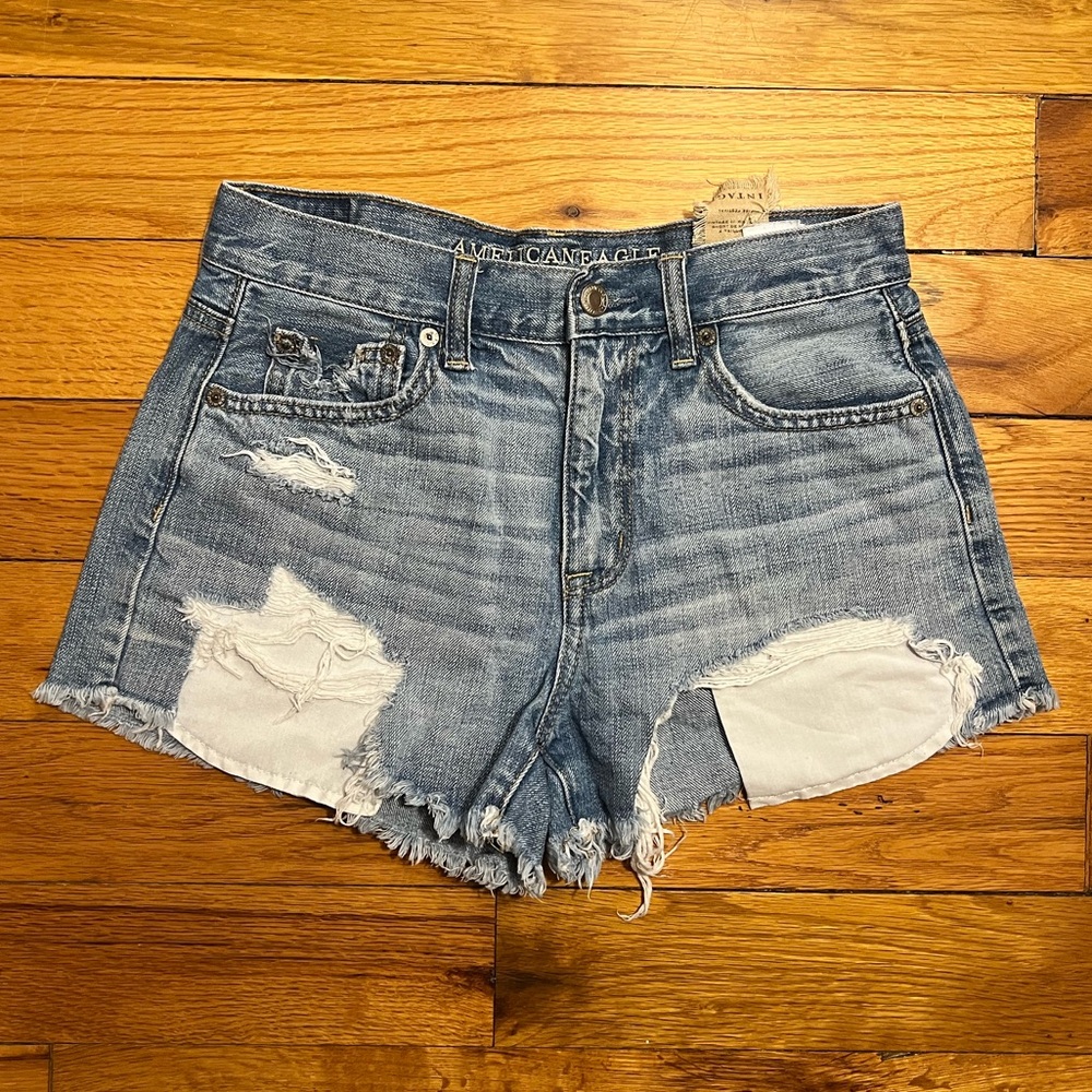 American Eagle Outfitters Blue Frayed Jean Shorts